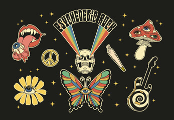 psychedelic trip symbols rock style 70s: skeleton, joint, guitar, flower with eye, peace symbol, fly agaric with eyes