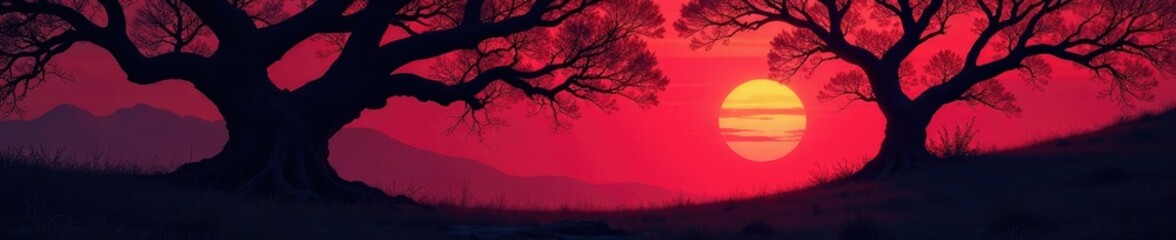 Obraz premium Twisted trees and branches in crimson twilight, twisted, nature