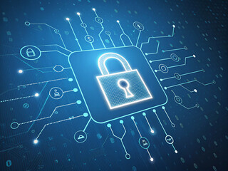 Glowing white padlock icon, blue digital circuit background, cybersecurity concept, binary code, network connections,