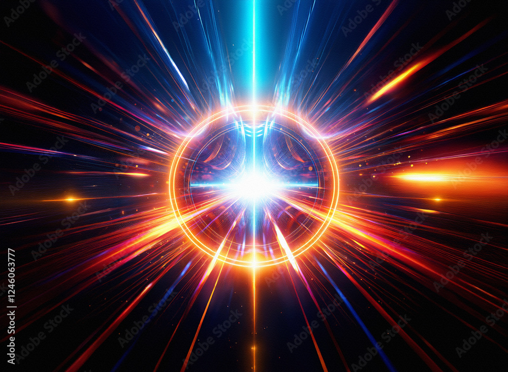 Poster a vibrant, symmetrical tunnel of light streaks through a dark space, radiating energy and speed. the