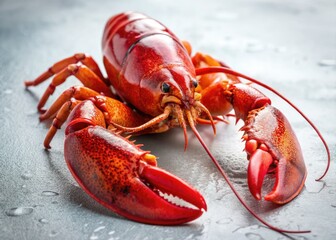 Intense red lobster close-up, gleaming against a stark white, reflecting light.