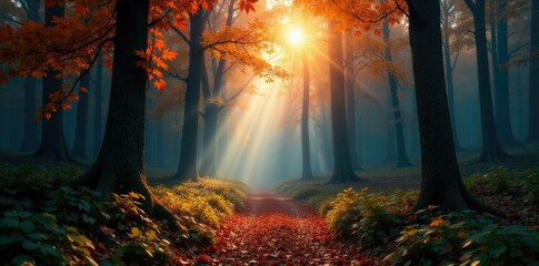 Un bosco con foglie autunnali cadenti in aria, luce, forest scene, autunno