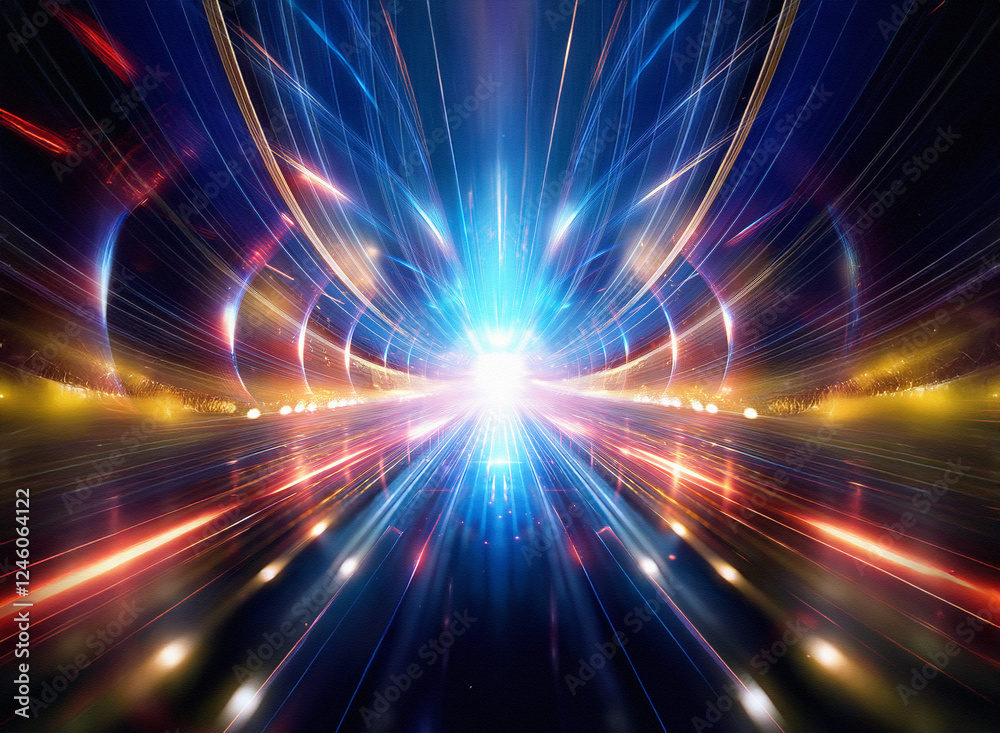 Fototapete a futuristic tunnel glows with vibrant red and blue neon lights, creating a sense of speed and depth