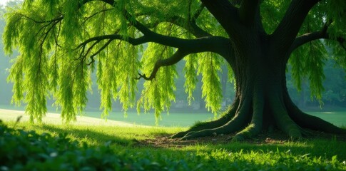 Underneath a sprawling willow tree leaves rustle in the gentle breeze carrying scents of damp earth and decay, mossy, wild
