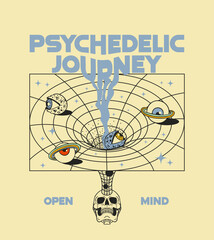 psychedelic t-shirt print with skull and wormhole, optical illusion, retro minimalism. psychedelic journey