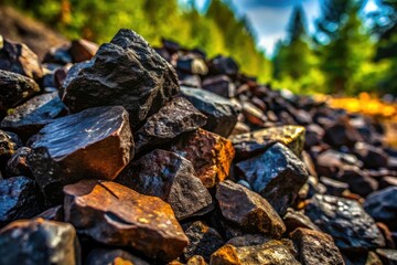 Jagged black-brown volcanic rocks form a dramatic pile, deeply textured, with sparse vegetation clinging to the edges.