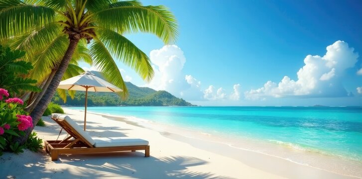 Un paisaje de playa con hamacas, palmeras y flores, relaxation, tropical
