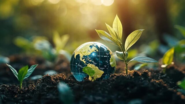 Vibrant growth: global earth emerging with new life in morning light