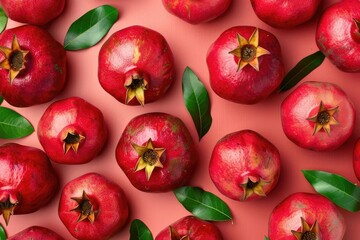Pomegranate closeup on a minimalist background, vibrant red fruit with seeds, healthy and refreshing summer food aesthetic.