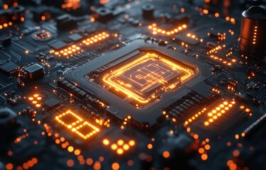 Obraz premium Futuristic Circuit Board with Glowing Elements in High-Tech Environment