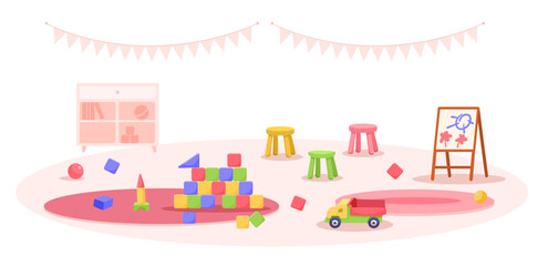 Fototapeta premium Colorful childrens playroom with blocks, truck, stools, shelf, and easel on a white background. Concept of fun and creativity. Vector illustration