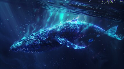 Naklejka premium Mesmerizing bioluminescent whale swims through the deep ocean