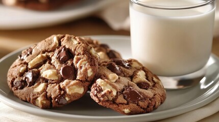 Delicious chocolate chip cookies on plate with glass of milk