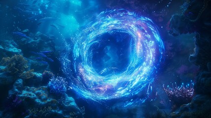 Underwater Magical Portal Scene with Glowing Blue Energy Vortex and Marine Life