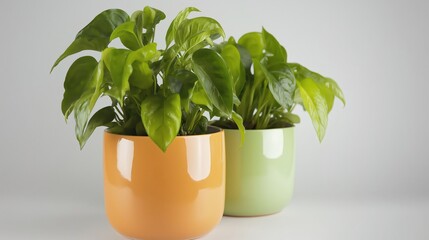 Obraz premium Vibrant Green Plants In Orange And Light Green Pots on White Backgrounds with Potted Green Leaves. C