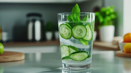 A glass of infused water with cucumber slices and mint, placed on a minimalist kitchen countertop