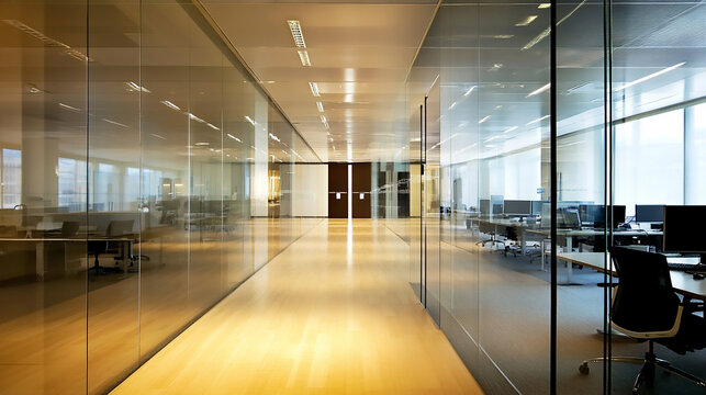 A modern office interior with white desks and chairs, featuring large windows that create  Commercial property photography tips for professional results