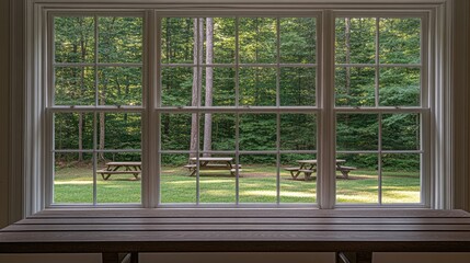 Fototapeta premium Large windows reveal a vibrant autumn landscape with golden trees and picnic tables, offering a peaceful outdoor view