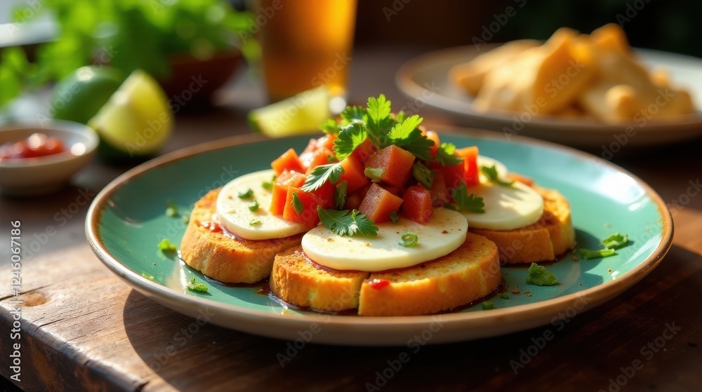 Wall mural Delicious toasted bread topped with fresh mozzarella and a vibrant diced fruit salsa