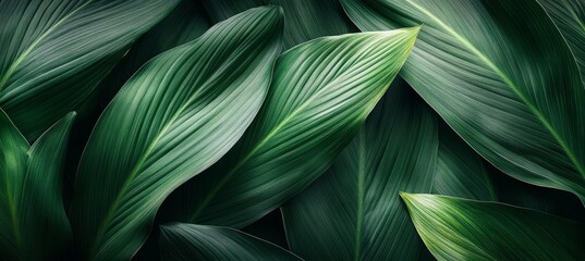 Lush Green Leaves, Vibrant Foliage Texture, Pattern of Tropical Nature Photography Background.