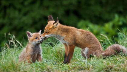 Naklejka premium Playful Red Fox Cub Exploring the Cityscape of London, Engaging in a Gentle Interaction with Its Adult Companion, Captured in June .