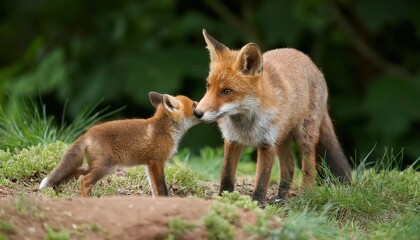 Naklejka premium Playful Urban Red Fox Cub Nuzzling Adults Snout in London Greenery, June A Moment of Wildlife Interaction Amidst the British Capitals Parkland.