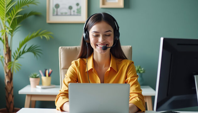 Smiling customer service representative with headset in modern office setting