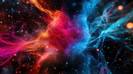 A glowing neural network visualized as a 3D web of connections, with data streams flowing dynamically through its nodes