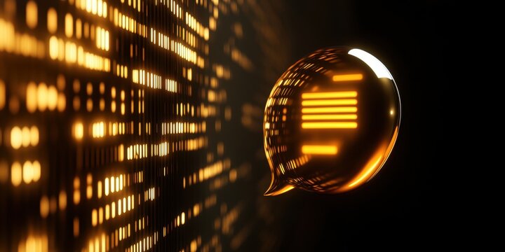 Futuristic digital communication concept with glowing speech bubble and binary code
