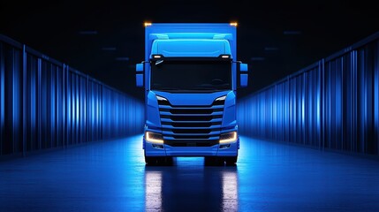 Naklejka premium Futuristic Blue Truck in Dark Warehouse with Neon Lighting Effect