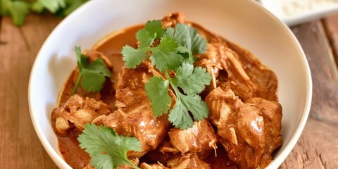Spicy indian curry with fresh cilantro in white bowl on rustic table. National Curry Week