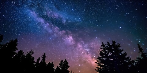 Stunning night sky with milky way and starry forest silhouette for celestial themes. International Dark Sky Week