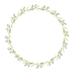 Fototapeta premium Watercolor floral wreath. Hand painted frame of greenery, wildflowers, herbs. Botanical illustration for design, print or background