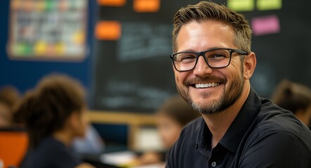 Obraz premium A handsome male teacher smiling in front of the chalkboard