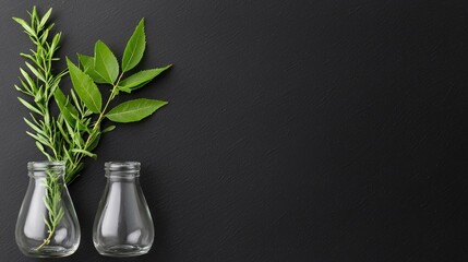 Fresh herbs in glass vases on dark background