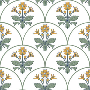 Mughal inspired, Indian ethnic hand-block floral seamless pattern in yellow and green, perfect for textiles, home furnishings, fashion, wallpaper, stationery, and more.