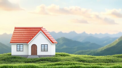 Miniature House on Green Grass with Mountains and Clouds in Background