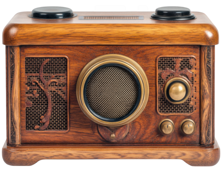 Vintage wooden radio with classic design, featuring round speaker and knobs, isolated on transparency background. This nostalgic piece evokes memories of past