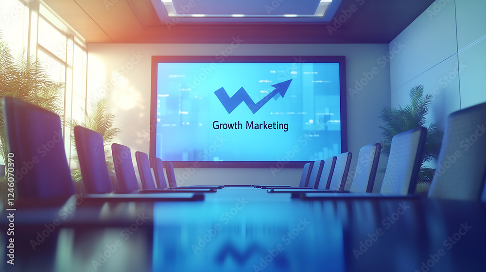 Poster a modern office with a large monitor displaying data and graphs digital marketing and communication 