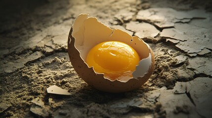 A dramatic shot of a cracked egg placed on a surface, with pieces of eggshell spread out in different directions. The golden yolk and translucent egg white create a striking contrast against the