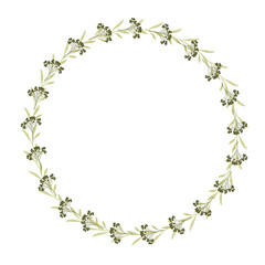 Fototapeta premium Watercolor floral wreath. Hand painted frame of greenery, wildflowers, herbs. Botanical illustration for design, print or background