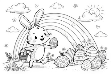 Easter Theme, A cheerful bunny carrying eggs under a rainbow in a whimsical landscape. outline for coloring.