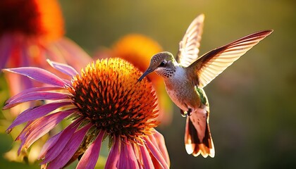 Naklejka premium Vivid Hummingbird in Detailed Closeup Pollinating Flower amidst Vibrant Nature, Capturing the Majesty of Floral Photography
