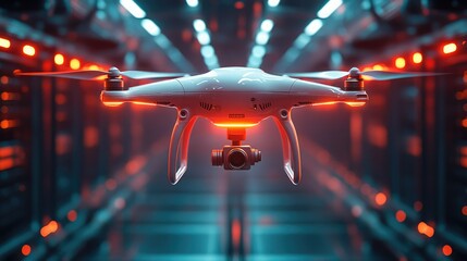 Drone hovering in a high-tech server room with glowing lights and a futuristic atmosphere