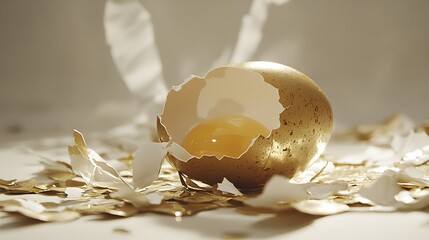 A dramatic shot of a cracked egg placed on a surface, with pieces of eggshell spread out in different directions. The golden yolk and translucent egg white create a striking contrast against the