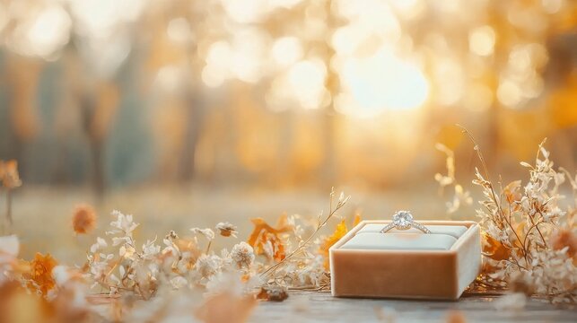 Romantic proposal scene outdoor autumn setting velvet ring box opening nature background soft focus view symbolizing love and commitment
