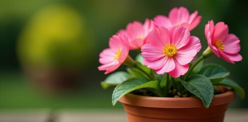 Petal pink flowers blooming in a terracotta pot, garden, flora, bloom