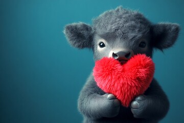 Bison - my desired animal. Cute bison baby with fluffy red heart - sign of love, funny greeting card. Digital ads concept design idea design. Commercial concept. Romantic animal scenes.
