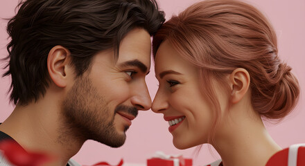 Close-up shot of a playful couple softly touching noses, bright studio lighting, pastel pink
