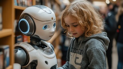 Child interacts with friendly robot in a bookstore, showcasing the blend of technology and human curiosity